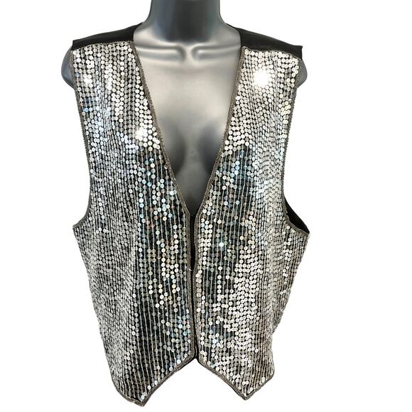 'AJ' India Vintage Silver Sequin/Black Silk Rayon Vest Women's Size Large - Picture 1 of 10